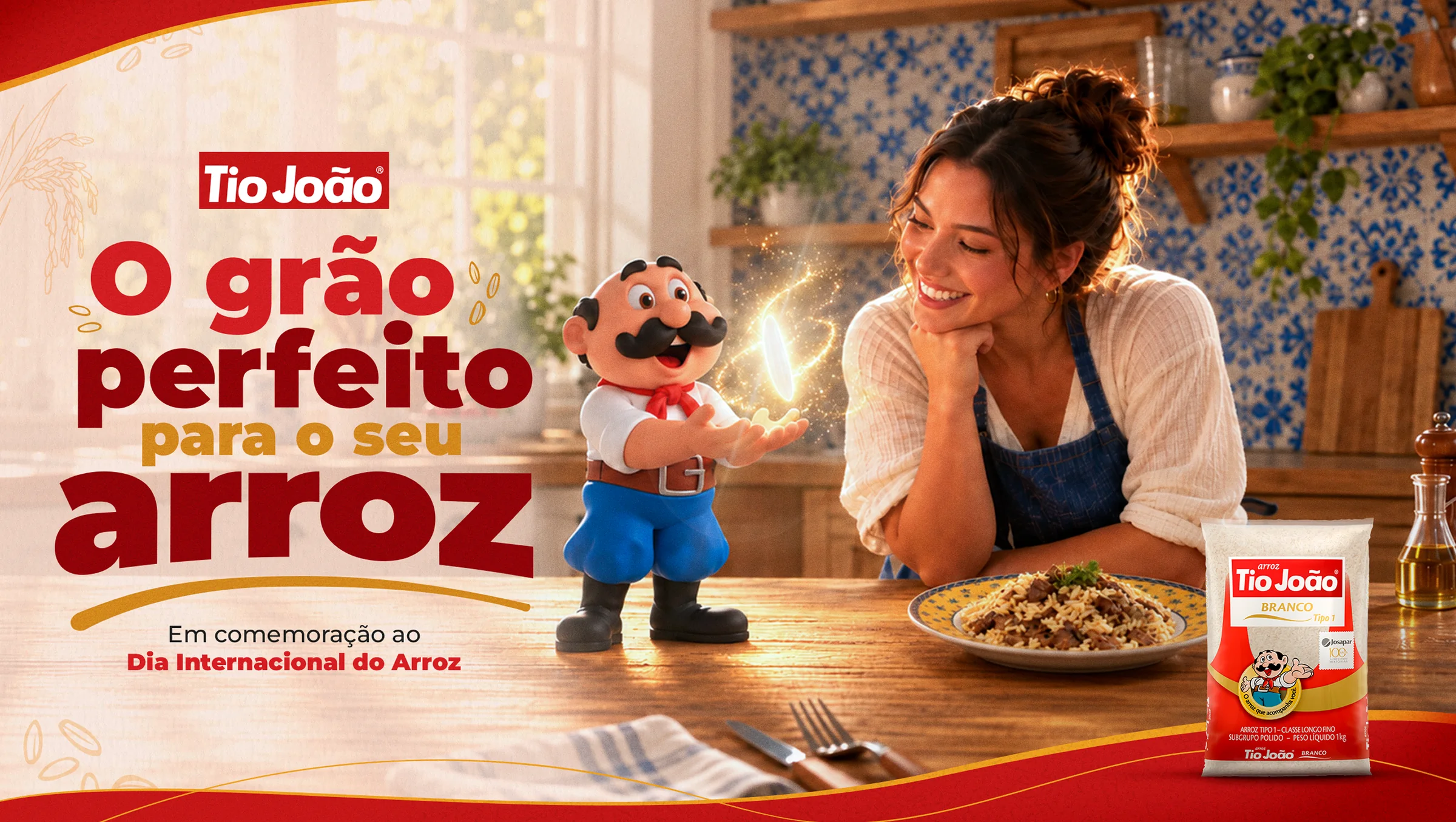 Tio João entrega um grão de arroz brilhante para uma mulher sorridente na cozinha, ao lado de um prato de arroz e do pacote de Arroz Tio João Branco. Texto: O grão perfeito para o seu arroz. Em comemoração ao Dia Internacional do Arroz.